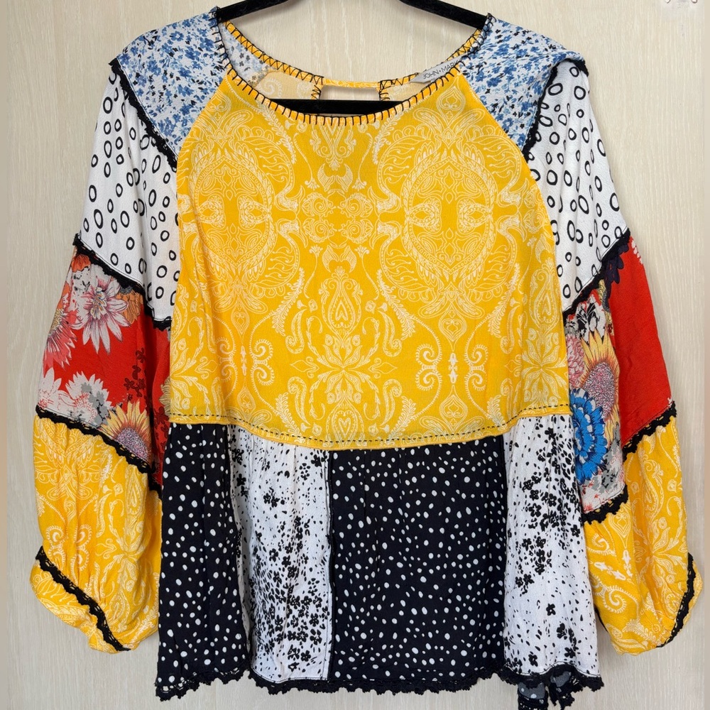 JOHN MARK PATCHWORK PEASANT BLOUSE * YELLOW, RED, BLUE & BLACK FLOWY TOP